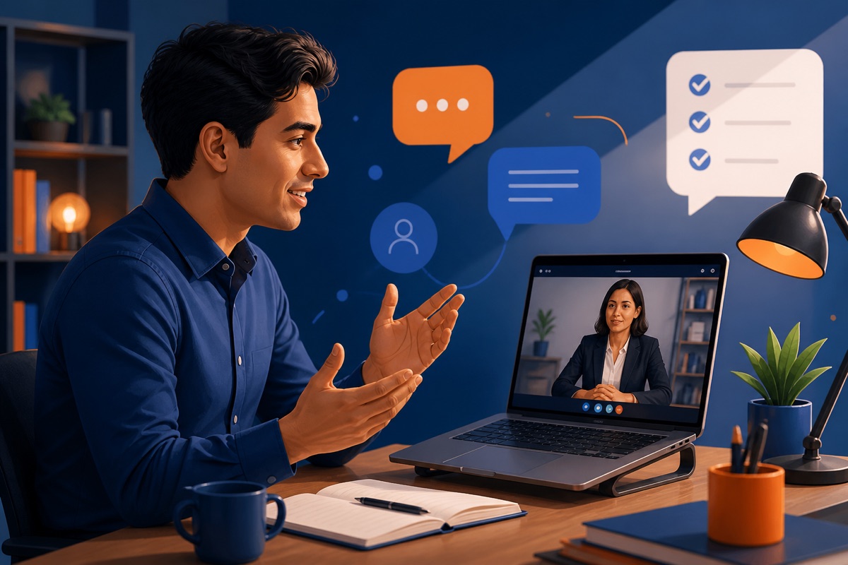 Profesional practicando una entrevista en inglés